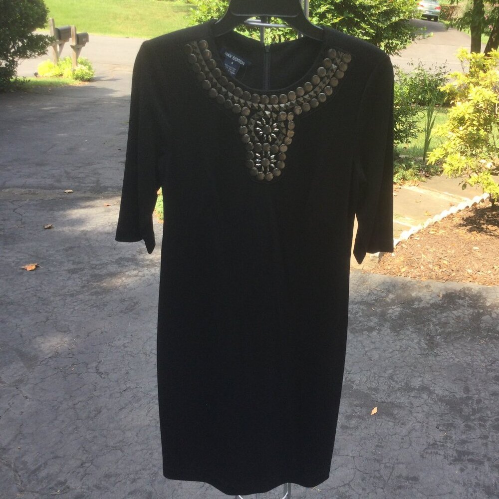 Max Edition Gold Bead Fronnt Black Midi Dress